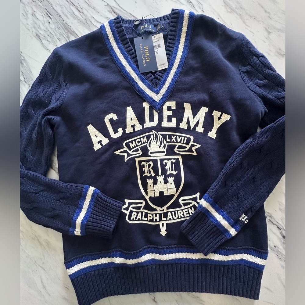 NWT Polo Ralph Lauren Academy Hand Printed Sweater Navy Size Small $168